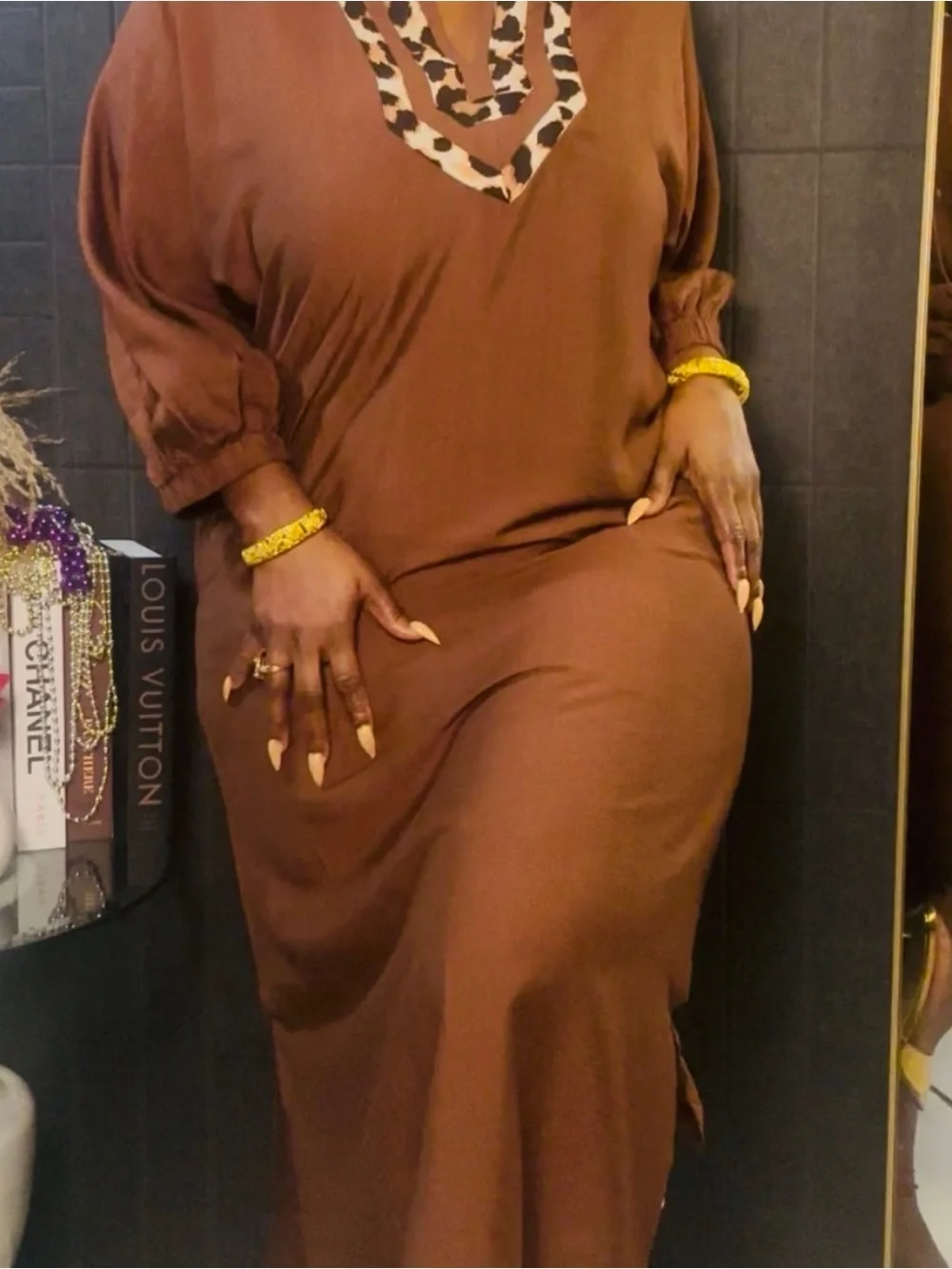 Brown Women's dress Leopard Trim